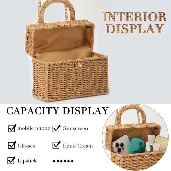 Women Straw Handwoven Tote Bag Square Boho Crossbody for Summer Beach main image 4
